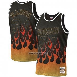 Maillot Houston Rockets Hakeem Olajuwon Flames No 34 Noir