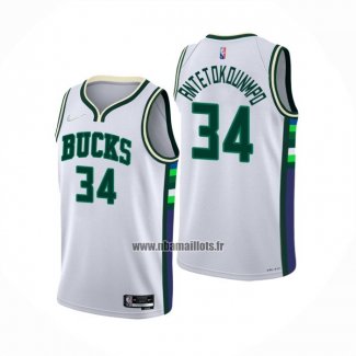 Maillot Milwaukee Bucks Giannis Antetokounmpo NO 34 Ville 2021-22 Blanc