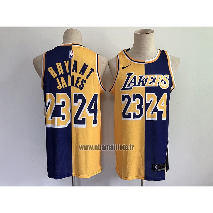 Maillot Los Angeles Lakers Kobe Bryant LeBron James NO 24 23 Split Jaune Volet